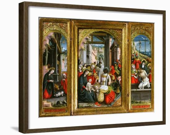 Nativity; Adoration of the Magi and Christ at the Sepulchre; Triptych, 1523 (Inv 1040)-Defendente Ferrari-Framed Giclee Print