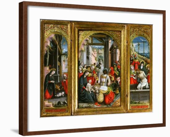 Nativity; Adoration of the Magi and Christ at the Sepulchre; Triptych, 1523 (Inv 1040)-Defendente Ferrari-Framed Giclee Print