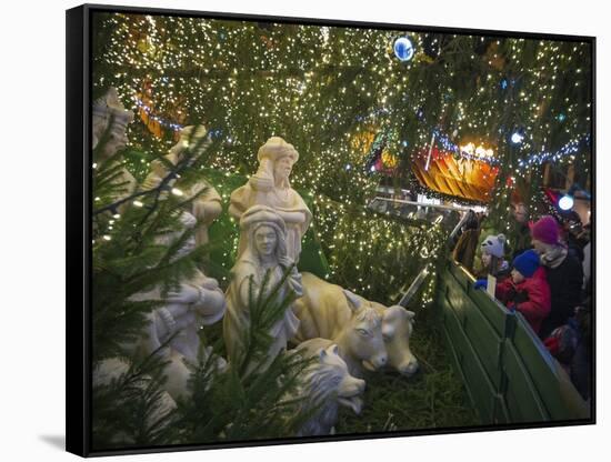 Nativity Scene in the Prague Christmas Market.-Jon Hicks-Framed Stretched Canvas