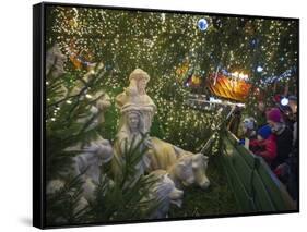 Nativity Scene in the Prague Christmas Market.-Jon Hicks-Framed Stretched Canvas