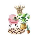 Cozy Room Interior with Arm-Chair, Carpet, Pillow, Monstera in Straw Basket, Macramé and Cactus. Co-natnatnat-Framed Art Print