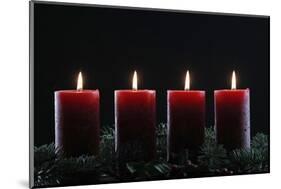 Natural Advent wreath or crown with four burning red candles, Christmas composition, France, Europe-Godong-Mounted Photographic Print