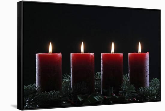 Natural Advent wreath or crown with four burning red candles, Christmas composition, France, Europe-Godong-Framed Stretched Canvas