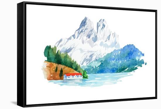 Natural Landscape Mountains and River Watercolor Illustration-undrey-Framed Stretched Canvas