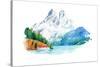 Natural Landscape Mountains and River Watercolor Illustration-undrey-Stretched Canvas