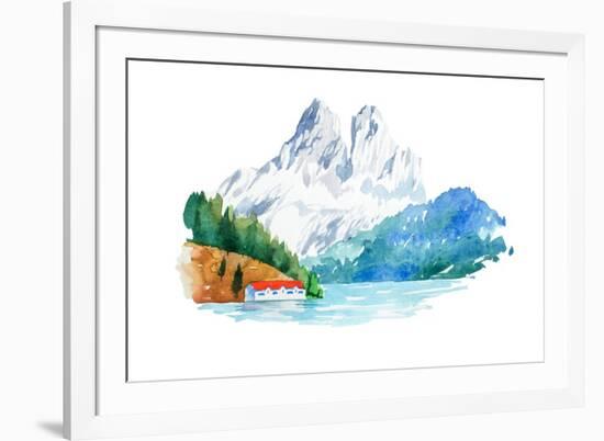 Natural Landscape Mountains and River Watercolor Illustration-undrey-Framed Art Print