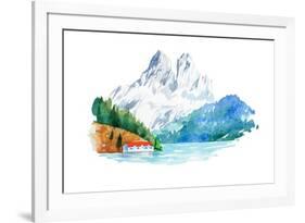 Natural Landscape Mountains and River Watercolor Illustration-undrey-Framed Art Print