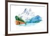 Natural Landscape Mountains and River Watercolor Illustration-undrey-Framed Art Print