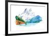 Natural Landscape Mountains and River Watercolor Illustration-undrey-Framed Art Print