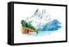 Natural Landscape Mountains and River Watercolor Illustration-undrey-Framed Stretched Canvas