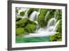 Natural Spring Waterfall Surrounded by Moss and Lush Foliage.-Liang Zhang-Framed Photographic Print
