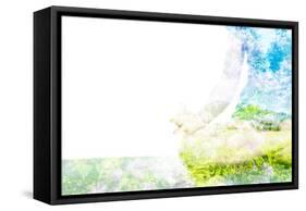 Nature Harmony Healthy Lifestyle Concept - Double Exposure Clouse up Image of Woman Doing Yoga Asa-f9photos-Framed Stretched Canvas