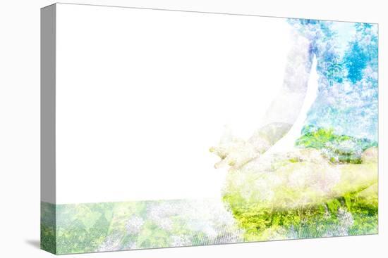 Nature Harmony Healthy Lifestyle Concept - Double Exposure Clouse up Image of Woman Doing Yoga Asa-f9photos-Stretched Canvas