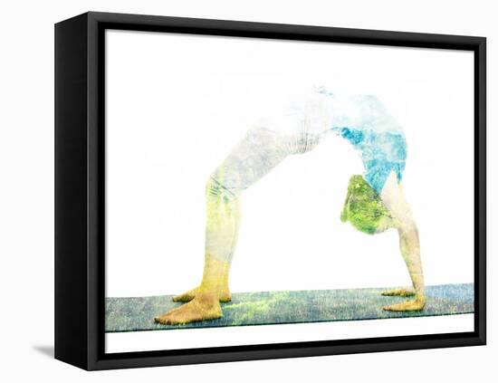 Nature Harmony Healthy Lifestyle Concept - Double Exposure Image of Woman Doing Yoga Asana Upward B-f9photos-Framed Stretched Canvas