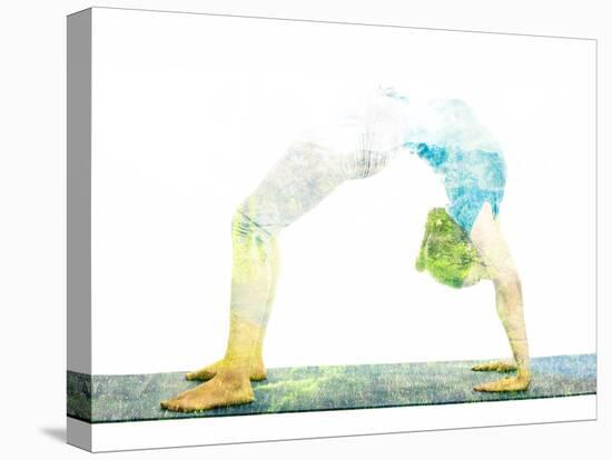 Nature Harmony Healthy Lifestyle Concept - Double Exposure Image of Woman Doing Yoga Asana Upward B-f9photos-Stretched Canvas