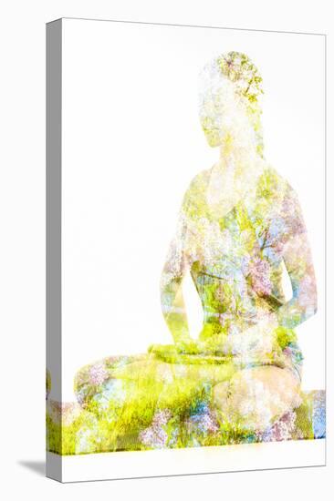 Nature Harmony Healthy Lifestyle Concept - Double Exposure Image of Woman Doing Yoga Lotus Position-f9photos-Stretched Canvas