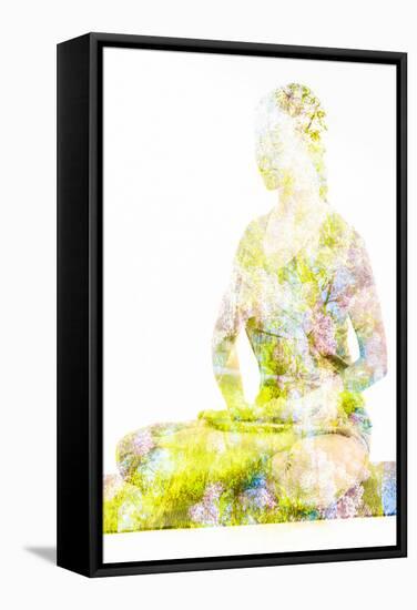 Nature Harmony Healthy Lifestyle Concept - Double Exposure Image of Woman Doing Yoga Lotus Position-f9photos-Framed Stretched Canvas