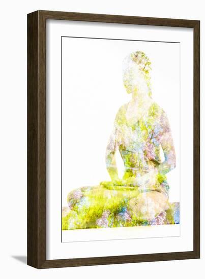 Nature Harmony Healthy Lifestyle Concept - Double Exposure Image of Woman Doing Yoga Lotus Position-f9photos-Framed Photographic Print