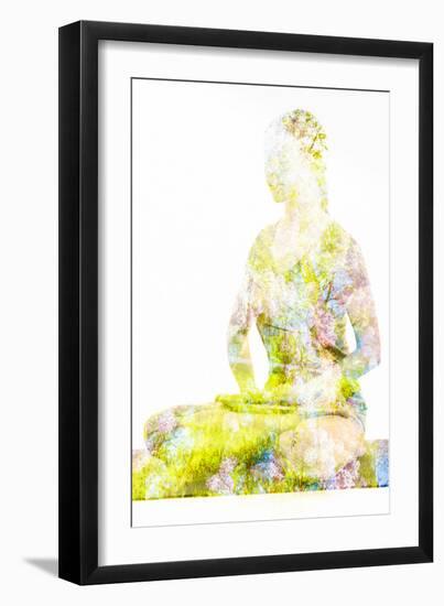 Nature Harmony Healthy Lifestyle Concept - Double Exposure Image of Woman Doing Yoga Lotus Position-f9photos-Framed Photographic Print