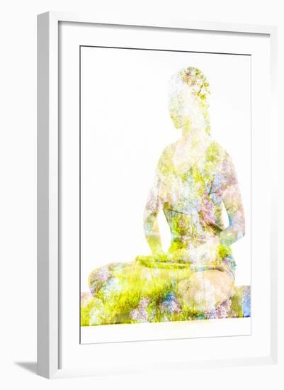 Nature Harmony Healthy Lifestyle Concept - Double Exposure Image of Woman Doing Yoga Lotus Position-f9photos-Framed Photographic Print