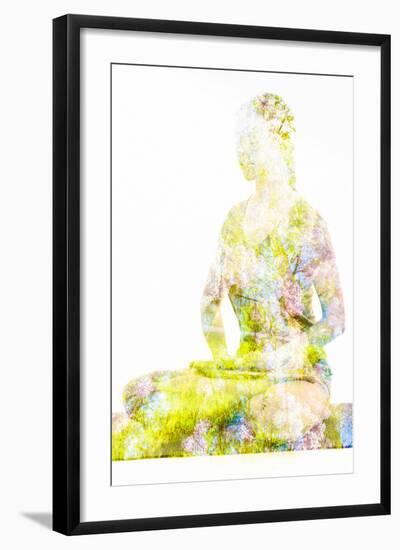 Nature Harmony Healthy Lifestyle Concept - Double Exposure Image of Woman Doing Yoga Lotus Position-f9photos-Framed Photographic Print