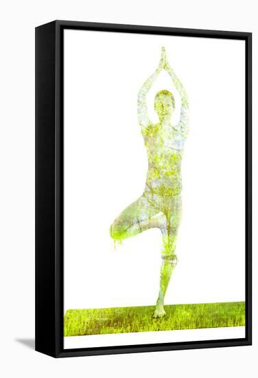 Nature Harmony Healthy Lifestyle Concept - Double Exposure Image of Woman Doing Yoga Tree Pose Asan-f9photos-Framed Stretched Canvas