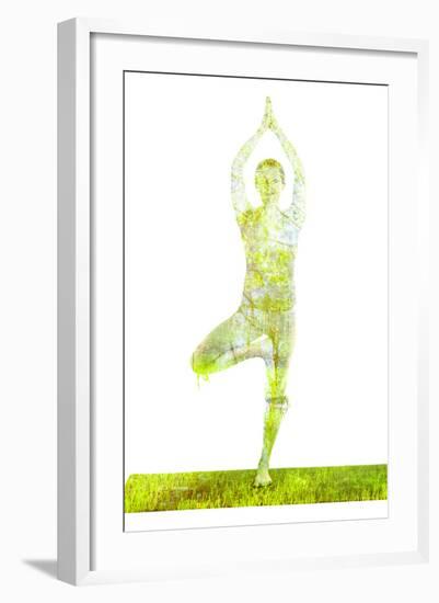 Nature Harmony Healthy Lifestyle Concept - Double Exposure Image of Woman Doing Yoga Tree Pose Asan-f9photos-Framed Photographic Print