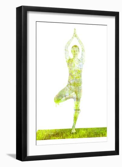 Nature Harmony Healthy Lifestyle Concept - Double Exposure Image of Woman Doing Yoga Tree Pose Asan-f9photos-Framed Photographic Print