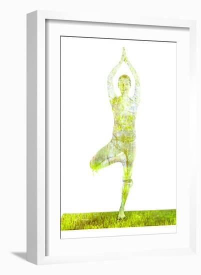 Nature Harmony Healthy Lifestyle Concept - Double Exposure Image of Woman Doing Yoga Tree Pose Asan-f9photos-Framed Photographic Print