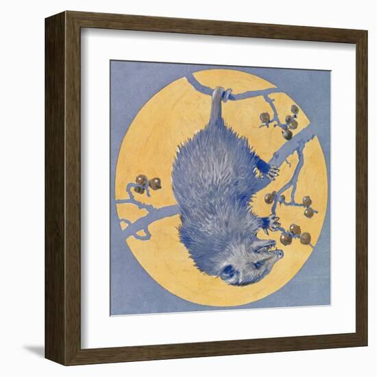 Nature Magazine - View of a Opossum Hanging Upside Down under a Full Moon, c.1926-Lantern Press-Framed Art Print