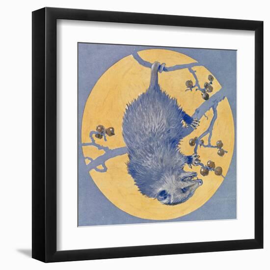 Nature Magazine - View of a Opossum Hanging Upside Down under a Full Moon, c.1926-Lantern Press-Framed Art Print