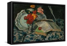 Nature morte: fleurs, faiences, livres. Still-life: flowers, faience and books. Canvas, 32,5 x 46cm-Jean-Baptiste-Armand Guillaumin-Framed Stretched Canvas