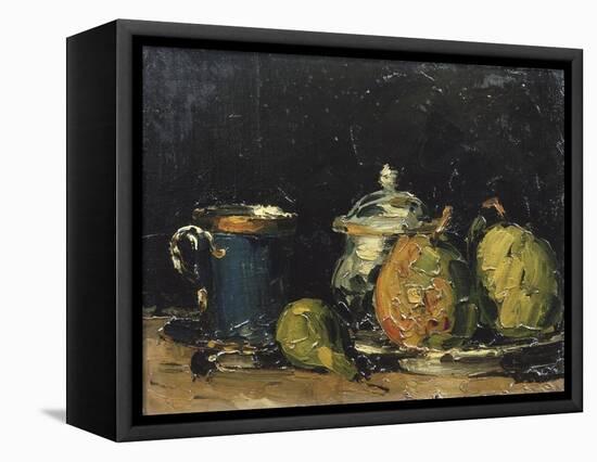 Nature morte : sucrier, poires et tasse bleue-Paul Cézanne-Framed Stretched Canvas