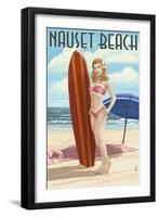 Nauset Beach, Massachusetts - Pinup Girl Surfing-Lantern Press-Framed Art Print