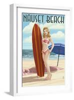 Nauset Beach, Massachusetts - Pinup Girl Surfing-Lantern Press-Framed Art Print