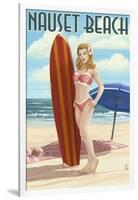 Nauset Beach, Massachusetts - Pinup Girl Surfing-Lantern Press-Framed Art Print