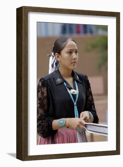 Navajo Blue Eagle Dancer Honoring Weavers with the Belt Dance at the Gallup Intertribal Ceremonials-null-Framed Giclee Print