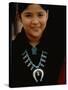 Navajo Child Modeling Turquoise Squash Blossom Necklace Made by Native Americans-null-Stretched Canvas