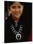 Navajo Child Modeling Turquoise Squash Blossom Necklace Made by Native Americans-null-Stretched Canvas