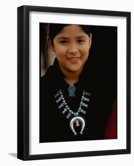 Navajo Child Modeling Turquoise Squash Blossom Necklace Made by Native Americans-null-Framed Photographic Print