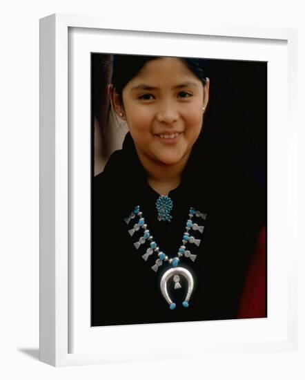 Navajo Child Modeling Turquoise Squash Blossom Necklace Made by Native Americans-null-Framed Photographic Print