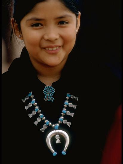 'Navajo Child Modeling Turquoise Squash Blossom Necklace Made by Native ...