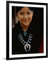 Navajo Child Modeling Turquoise Squash Blossom Necklace Made by Native Americans-null-Framed Photographic Print