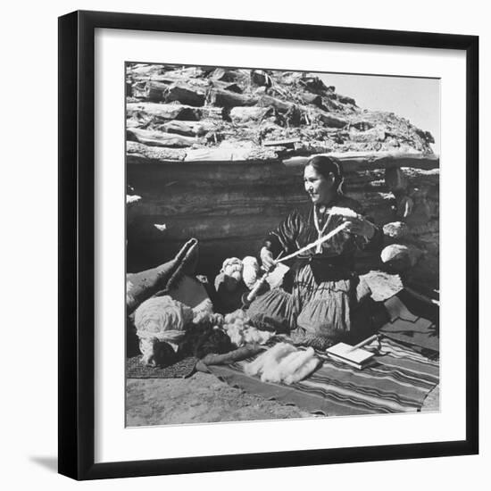 Navajo Jessie Gorman Spinning Wool For Blanket Weaving-Nat Farbman-Framed Photographic Print