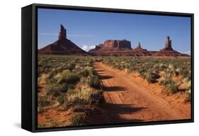 Navajo Nation, Monument Valley, Sunrise over Mitten Rock Formations-David Wall-Framed Stretched Canvas