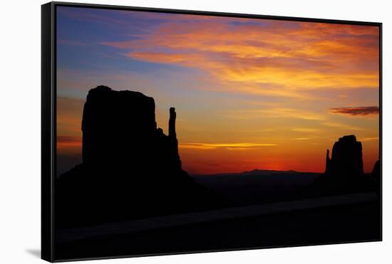 Navajo Nation, Sunrise over West and East Mitten, Monument Valley-David Wall-Framed Stretched Canvas