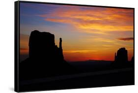 Navajo Nation, Sunrise over West and East Mitten, Monument Valley-David Wall-Framed Stretched Canvas