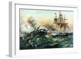 Naval Duel Between the Frigate USS Constitution and the British Ship Guerriere, War of 1812-null-Framed Giclee Print