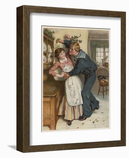 Naval Manoeuvres!, a Sailor and His Girl Under the Mistletoe-William Small-Framed Art Print