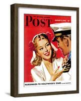 "Naval Officer & Woman," Saturday Evening Post Cover, August 8, 1942-Jon Whitcomb-Framed Premium Giclee Print